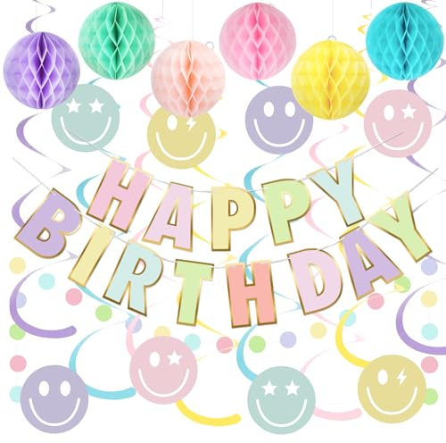 Pastell Dekorationen, Macaron alles Gute zum Geburtstag Banner mit Wabe, Lächeln hängenden Wirbel Streamer, Kreis Dot Girlande Dekorationen, Pastell Geburtstag Party Dekorationen für Jungen Mädchen