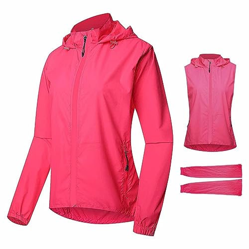SMTSEC Fahrradjacke Damen Winddicht Wasserdicht 2 In 1 Fahrradweste Mit Abnehmbaren Ärmeln UV-Schutz Laufjacke Fahrrad Regenjacke Reflektierende Atmungsaktive Radjacke Radsport Jacke,Pink-XXL