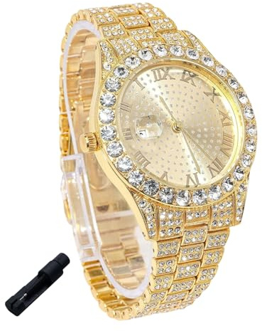 genkigold Diamantuhr für Teenager Jungen – 43mm Römische Ziffern Rundes Zifferblatt – 18K Echtgold/Platin Plattiert 20,5cm Armband – Inkl. Werkzeug, Kombinierbar mit Cuban-Kette