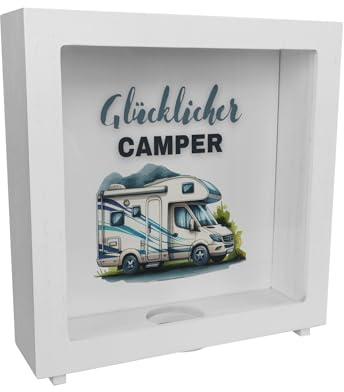 Wohnmobil Rahmen Spardose aus Holz mit Spruch Glücklicher Camper Wohnwagen Anhänger Mobiles Heim für Camping Ideale Unterkunft Unterwegs