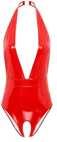 Yruioon Damen Ouvert Body Wetlook Stringbody Neckholder Lackleder Bodysuit Overall Offener Schritt Nachtwäsche Dessous Reizwäsche Rot XL