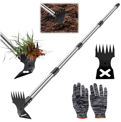 Audasi Weed Remover Tool, 2 in 1 Weed Hoe & Rake Combo Long-Handled Weeding Tool Manual Weeder with Detachable Handle & Gloves for Flower Bed Yard Lawn Patio Garden
