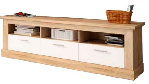 amuéblate online - Mueble de TV Moderno Modelo Florida, 3 Compartimentos de Almacenamiento y 3 Cajones, Color Cambria - Blanco, Medidas: 57cm (Alto) x 180cm (Ancho) x 42cm (Fondo)