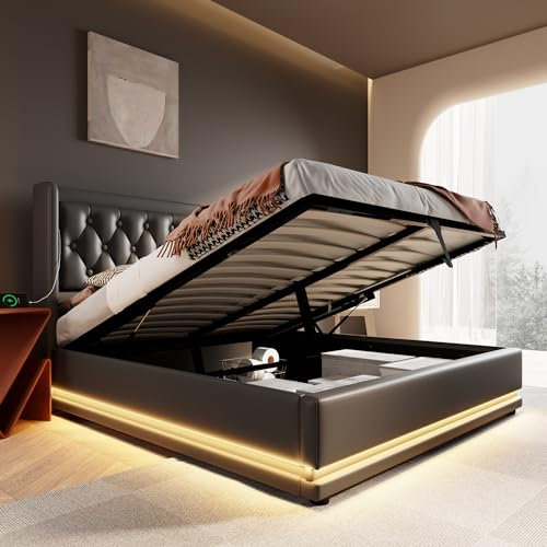Kayan Polsterbett Stauraumbett Hydraulisches Bettgestell Doppelbett 180x200cm, Bett mit LED Beleuchtung, Gepolstertes Kopfteil mit USB Typ-C Ladefunktion, Ohne Matratze (Schwarz, 180x200cm)