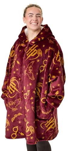 Harry Potter Tragbarer Decken-Hoodie für Damen | Kapuzen-Reißverschluss-Fleece für Erwachsene in Burgund | HP All Over Hedwig Owl Print Sherpa-gefütterte Loungewear mit Taschen
