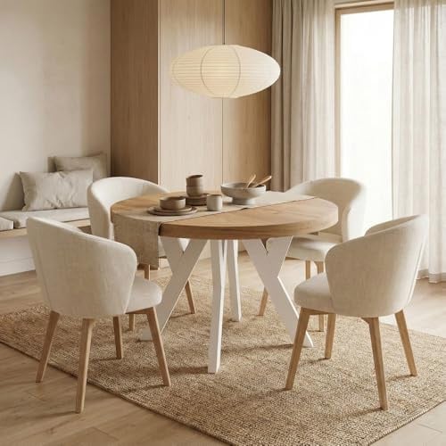 Dekori Möbel Runder Ausziehbarer Tisch für Esszimmer mit Holzbeinen, Pero, Loft-Stil, Skandinavische, Durchmesser Varianten: von 90 bis 220 cm (Eiche Craft Golden/Weiß, 100/150 cm)