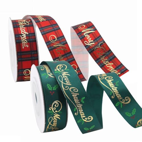 MORAINJAY 5 Yards Ruban Noel,2 Rouleaux 16mm Ruban Cadeau de Noël,Ruban de Noel Vert/Rouge avec Motif de Noël,Ruban Cadeau Emballage Noel pour Emballer Cadeaux Noël(D)