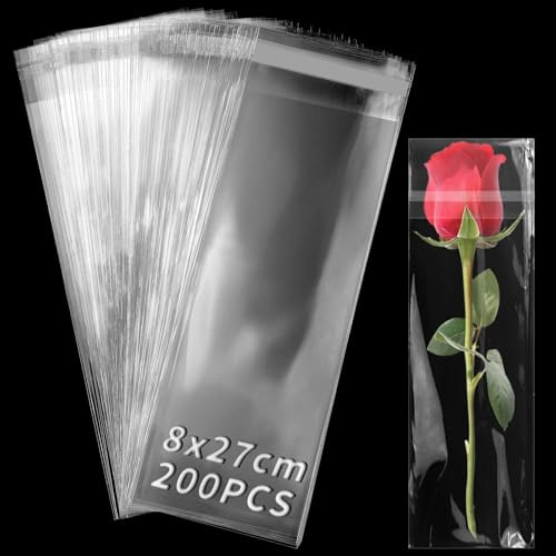 TXXATX Cellophantüten Selbstklebend 200 Stk Plastiktüten Klare 8x27 cm | Zellophantüten Klein, Lange Celofantüten, OPP Tütchen, Wiederverschließbare, Klebeverschluss, für Kerzentüten, Nüssen