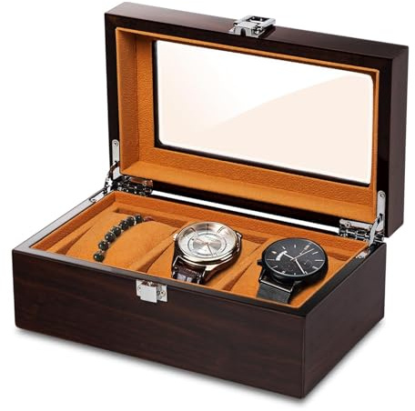CeiBand [3 Fächern Uhrenbox, Uhrenkasten aus Massivholz - RötlichBraun | Uhrenkasten mit Glasdeckel, Uhrenkoffer mit Uhrenkissen, Uhrenaufbewahrung, Metall Schloss