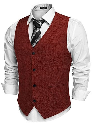 COOFANDY Gilet décontracté pour homme, col en V, formel, business, fête, mariage, costume traditionnel, rouge bordeaux, XL