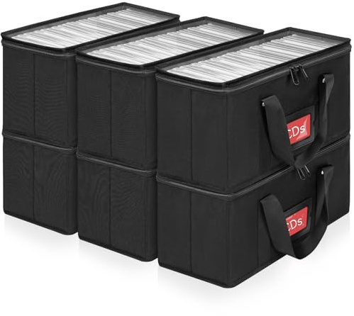 AKOZLIN 6 Pack CD Storage Boxs with Clear PVC Lid and Index Labels 13.7× 5.5× 6.3 CD Case Holder,Each Can Hold 31 CDs Jewel Cases or 170 Discs