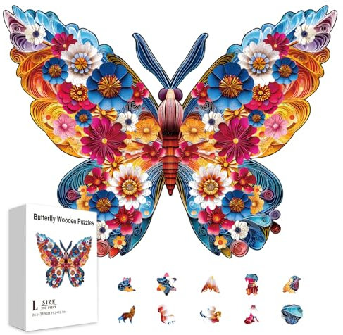 GLOBLELAND 200Pcs Artistic Flower and Butterfly Wooden Jigsaw Puzzles for Adult Colorful Unique Shaped Jigsaw Puzzles for Christmas Halloween Birthday