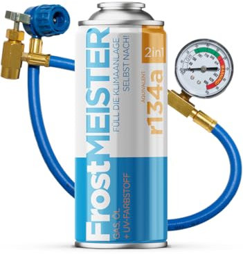 FrostMEISTER Kit de recharge 2 en 1 pour climatisation de voiture 400 ml avec tuyau de manomètre pour R134a (1995-2016) – Utilisation rapide, facile et sûre