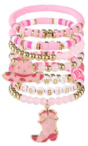 Mikovivi 7pz Bracciali Perline da Cowgirl, Bracciali Impilabili di Perline con Ciondoli a Forma di Cappello da Cowgirl e Stivali Stile Y2K Spiaggia Estiva Boho Gioielli per Donna(Rosa)