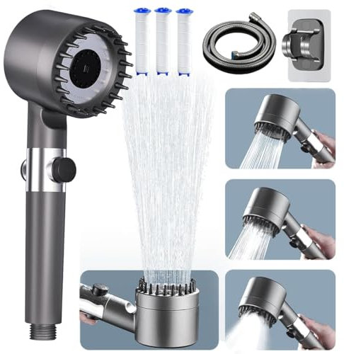 ButterFox High Pressure Shower Heads, Hard Water Filter Shower Head with 1.5M Shower Hose and Shower Stand, 4 Mode Handheld Pressurized Shower Head with Pause Switch, Massage Water Saving Large Shower