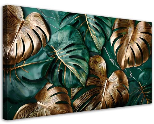 Feeby Bilder - Foto Geschenk - Goldgrüne Monstera-Blätter - 120x60 1tlg - Leinwandbilder Wohnzimmer - Wandbild über dem Bett - Bild Schlafzimmer - Aesthetic Zimmer Deko - Modern Pictures