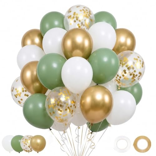 Luftballons Grün Gold, 62 Stück Luftballons Geburtstag Grün für Babyparty | Salbeigrün Gold Weiß Ballons, Eukalyptus Grün Helium Ballons für Babyparty Einschulung Deko Geburtstag Baby Shower Hochzeit