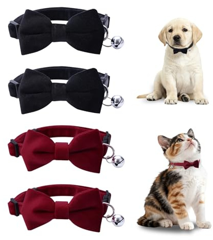 SAIIURV 4 Stücke Katzenhalsband, Katzenhalsband mit Glocke, Verstellbar Kitten Halsband, Halsband Katze mit Sicherheitsverschluss, Auf das Gewicht Deiner Katze Einstellbar (Rot, Schwarz)