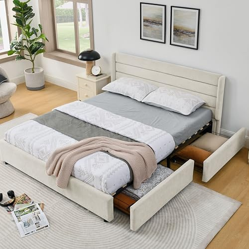 Generisch Doppelbett 160x200 cm mit 4 Schubladen – Chenille Oberfläche & Eukalyptus-Holz | Stabile Eisenkonstruktion 300kg | Platzsparendes Design für Hauptschlafzimmer, Gästezimmer & Jugendzimmer