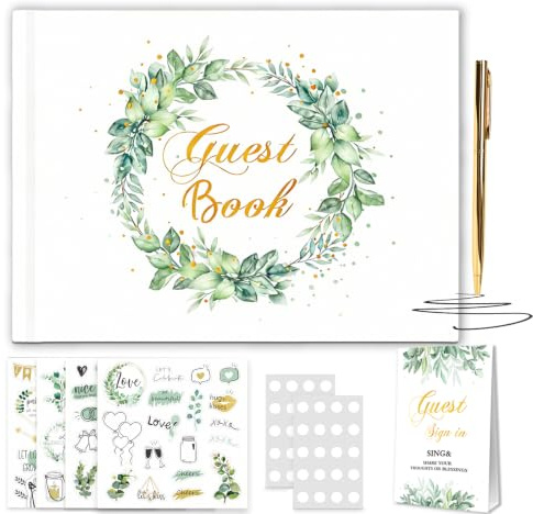 JialiBloom Hochzeitsgästebuch mit Goldprägung & Eukalyptus-Design, Gedenkbuch für Brautpaar Erinnerungen Hochzeit, Jubiläum & Verlobung, 120 Blankoseiten für Glückwünsche und Fotos (23 x 17 cm)