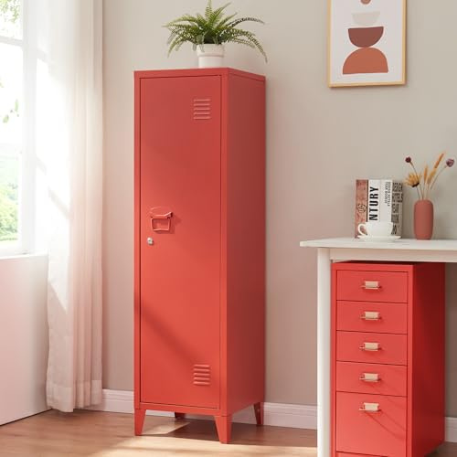 [en.casa] Einzelspind Kurikka Metallspind mit 2 Ablagen 137 x 38 x 38 cm abschließbar Schließfachschrank Metallschrank Garderobenschrank Rot