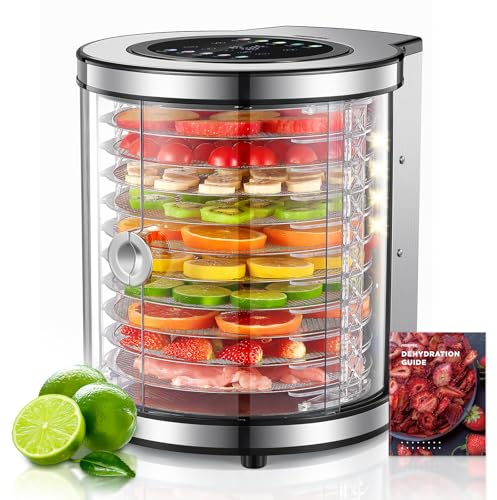 Essiccatore a 10 piani in acciaio inox con display LCD - Asciugatrice alimentare con rotazione, 850 W, 35-75 °C, timer 1-48 h, 9 programmi automatici + fai da te, LED, silenziosa < 30 dB