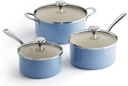 Redchef Juego de ollas de cerámica, 6 piezas para inducción, con tapa de cristal, cacerola de 24 cm, cacerola de 18 cm, 20 cm, apta para todo tipo de fuegos y horno, apta para inducción (azul)
