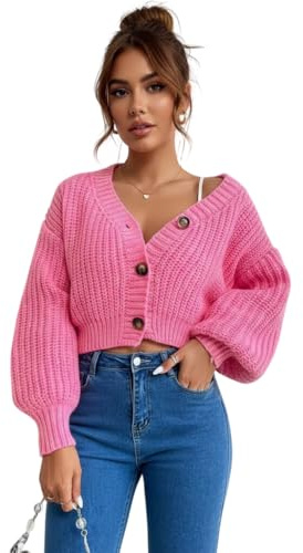 LUXFAB Womens Balloon Sleeve Chunky Knitted 3 Button Crop Cardigan V Neck Stretchy Fisher Knit Sweater Winter Warm Fancy Party Wear Top UK 8-14 Size