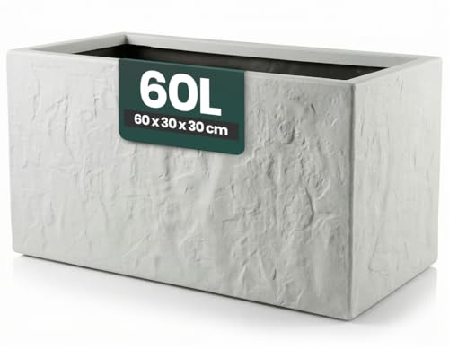 Kreher® Pflanzkübel Anthrazit/Hellgrau - Blumentopf Kunststoff Steinoptik - frostfest & UV-beständig - 30x30x30, 40x40x40, 60x30x30 cm - 1er/2er Set Balkon Garten (1, Hellgrau, 60 x 30 x 30 cm)