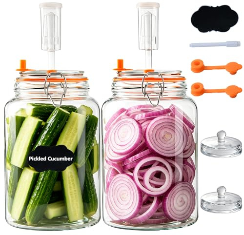 YBCPACK 2 Pack 1 Gallon Glass Fermentation Jars, Wide Mouth Fermenting Kit | Includes Airtight Lids with Airlocks, Glass Weights,Silicone Stoppers, Batch for Kimchi, Sauerkraut, Pickles & Kombucha