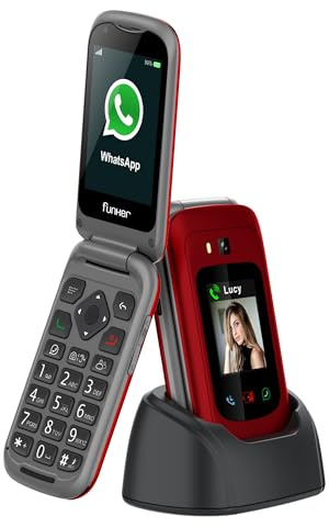 Funker E480 Telefono cellulare 4G per anziani con Whatsapp, tasti grandi, pulsante SOS e GPS, videochiamate, schermo 2.8, base di ricarica, fotocontatti, volume alto, facile da usare, colore rosso