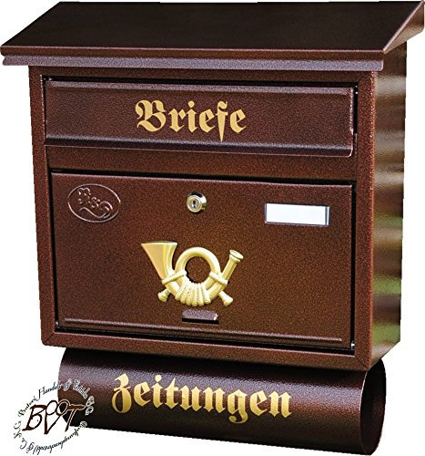 BTV Briefkasten, Premium-Qualität, verzinkt, pulverbeschichtet FG/c groß in Kupfer kupferbraun braun Zeitungsfach Zeitungen Post antik Mailbox Schild
