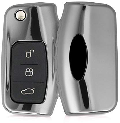 kwmobile Car Key Cover Compatible with Ford 3 Button Car Flip Key - Soft TPU Fob Cover for Car Keys - Silver High Gloss