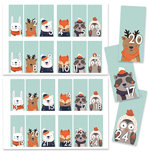 Papierdrachen 24 Adventskalender Zahlenaufkleber - eckige Aufkleber - blaue Waldtiere Nr 61 - Aufkleber 9×4,5cm - zum Basteln und Dekorieren deines ganz persönlichen Adventskalenders