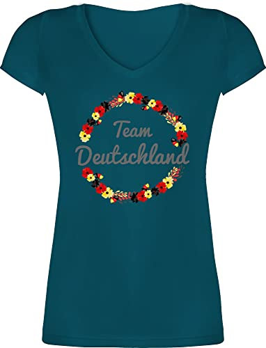 T-Shirt Damen V Ausschnitt - Fußball EM WM - Team Deutschland Blumenkranz - L - Türkis - Shirt 2021 fußball-Fanartikel Europameisterschaft Blumen Tshirt Frauen fußballtrikot Fussball Germany