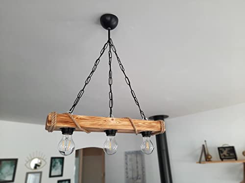 Solenzo - Lustre suspension en bois et corde style industriel rustique campagne chic 3 ampoules (E27)