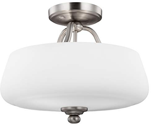 3 Bulb Semi - Flush Light - Wine Glass Shaped Opal Etched Glass Shade - Three Smaller Arms - Satin Nickel - LED E27 60W Bulb