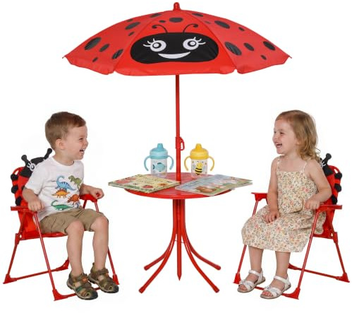 Outsunny Tavolo da Picnic per Bambini con 2 Sedie e Ombrellone Rosso