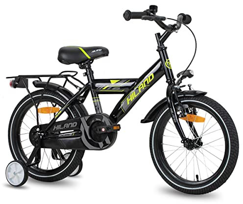 HILAND 18 Zoll Jungen Kinderfahrrad für Jungen ab 5 Jahren mit Rücksitz/Gepäckträger, Handbremse und Rücktritt schwarz/grün