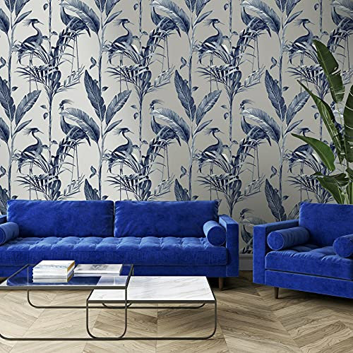 SOPHIE LAURENCE Azzura Tropical Leaf Bird Wallpaper Floral Metallic Wallpaper for Living Room Bedroom Navy Silver