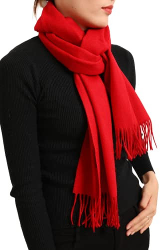 Prettystern langer und weicher Weihnachten Wollschal einfarbig mit Fransen für Herbst Winter Herren und Damen - Rot