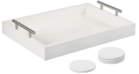 Juleduo Serving Tray 16.5“X 13“ Deluxe Wooden Ottoman Tray,Coffee Table with Polished Silver Metal Handles-4 Round Coasters Included, White