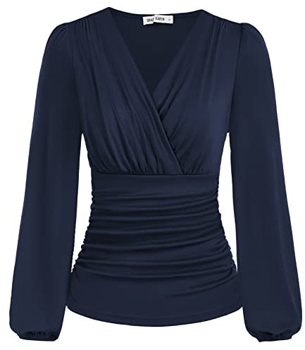 GRACE KARIN Womens Long Lantern Sleeves Shirt Blouse V Neck T Shirts Elegant Tops Navy Blue XL