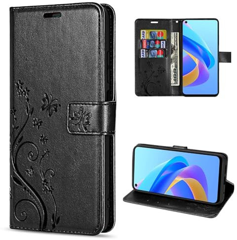 Hülle Kompatibel mit Oppo A76 | Premium PU Leder Handyhülle Wallet Case für A76 | Schutzhülle Blumen Klapphülle Handyhülle | Schwarz