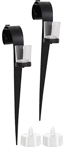 Novaliv 2X Wandkerzenhalter + 2X LED Teelichter 16 x 43 x 6 cm Schwarz LED Kerze Teelichterhalter aus Metall mit Glas Kerzenhalter Dekoration Wanddeko Vintage Deko Teelicht LED Licht Wandhalter