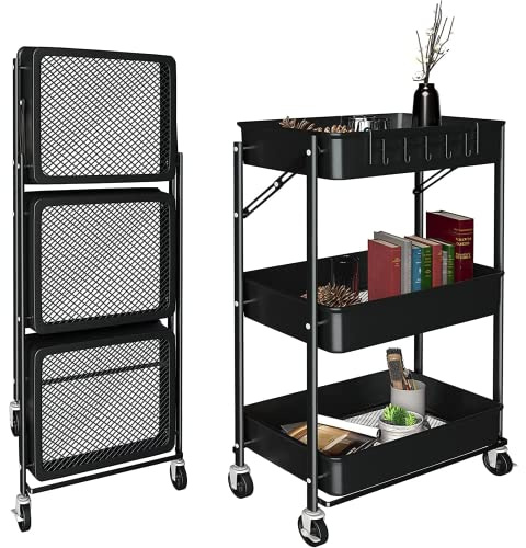 MAGIC SELECT Carro Auxiliar con Ruedas 3 Niveles Negro | Tabla Superior, Organizador Metálico de Acero al Carbono, Para Cocina, Dormitorio, Salón y Baño, 72x45x23 cm