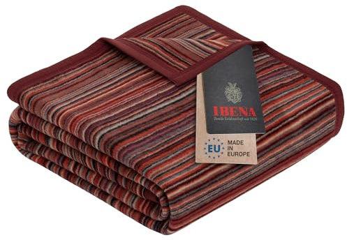 Ibena Malang Wolldecke 150x200 cm - Baumwollmix weich, warm & waschbar, Kuscheldecke Streifen rot grau