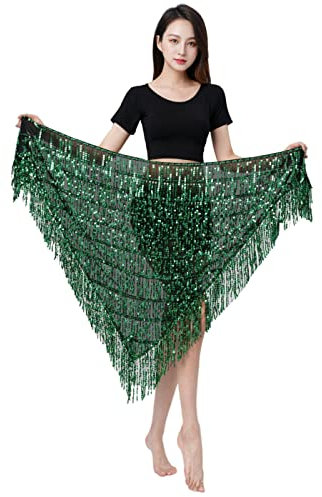 MUNAFIE Bauchtanz Hüfttuch, Pailletten Fransen Glitzer Rock Rave Festival Outfit Damen Schwarz Grün
