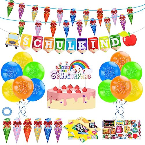 Yotako Einschulung Deko, 52 Stück Schulanfang Deko Junge Mädchen, 20 Einschulung Servietten+12 Luftballon mit ABC+ 2 Schulanfang Girlande Schulkind Banner, Schuleinführung Deko Set für Zuckertüte