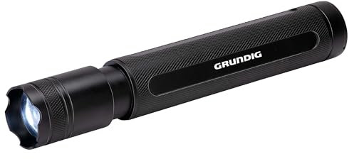 GRUNDIG Linterna LED de 1200 lúmenes, 12 W, alcance de 200 m, 3 modos de iluminación: alta, baja, pulsante – negro/naranja